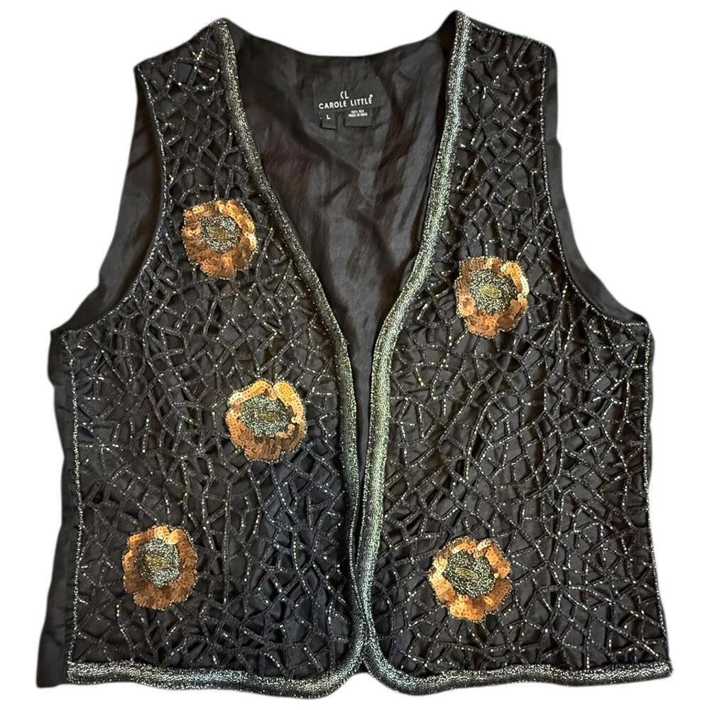 Carole Little 100% Silk Black Beaded Floral Vest Metallic Embroidery L